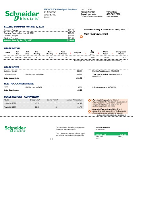 Yemen Schneider Electric business utility bill template in Word and PDF formats